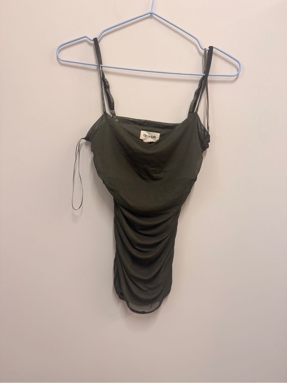 Ruched Olive Green Slip Tank Top with Adjustable Straps